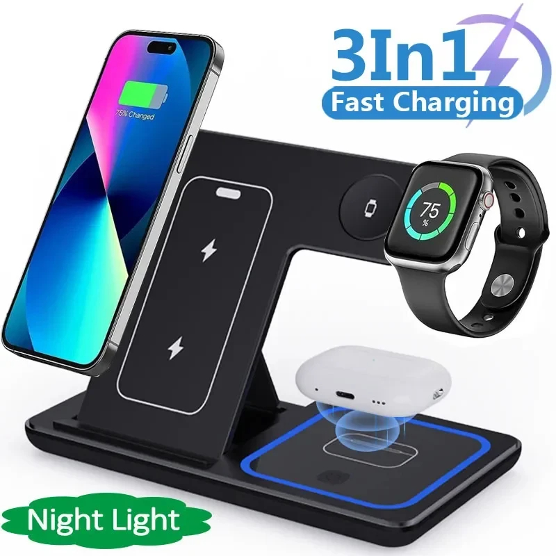Electrical Charger Rack 3 In 1 LED Fast Wireless Charger Stand Foldable Charging Station – SO ...